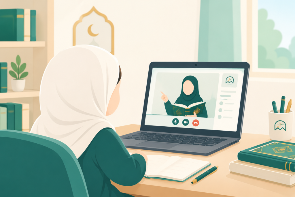 طفلة محجبة تتابع حصة تحفيظ القرآن أون لاين مع معلمتها على الحاسوب