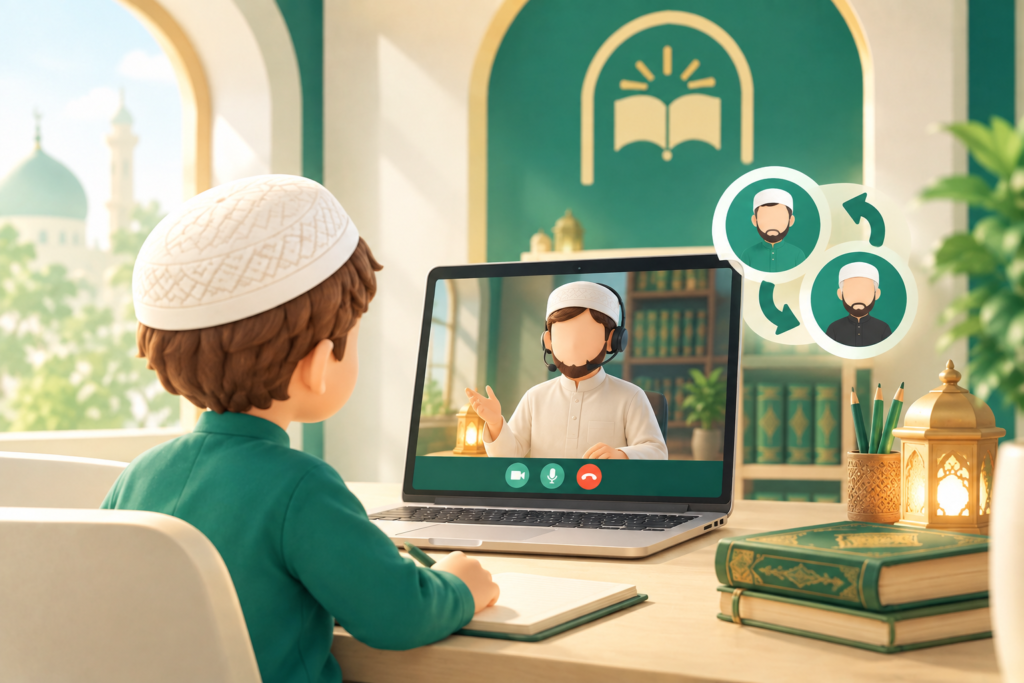 طفل يتابع حصة فردية لتحفيظ القرآن مع معلمه عبر الحاسوب