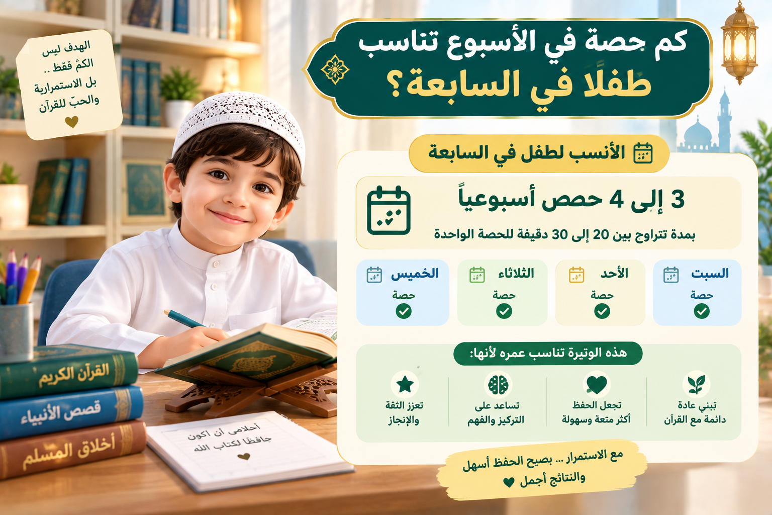 كم حصة في الأسبوع تناسب طفلًا في السابعة